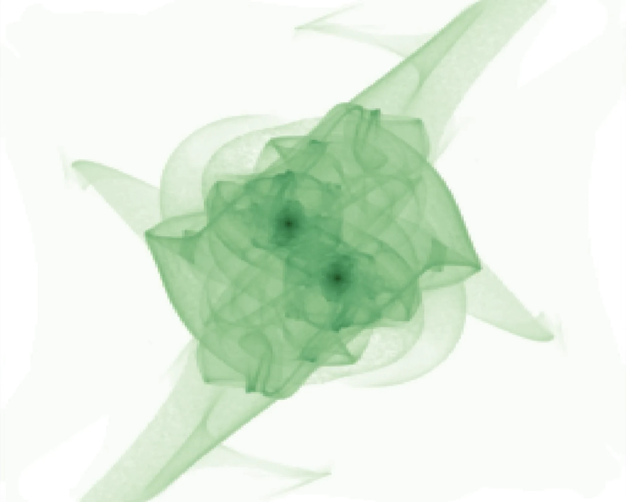 Green translucent phase-space surfaces and two dense cores in a gravity-focused numerical visualization